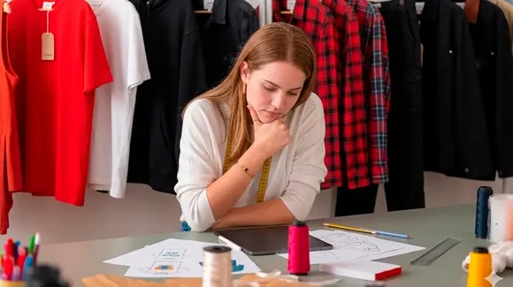 A woman sits at a desk with sketches and sewing supplies, looking thoughtful. Clothes hang on a rack behind her.